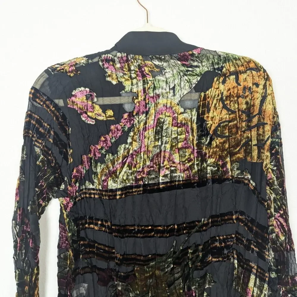 Alexandra Rosati Vintage Top L Black Multicolor Ruffle Button Front Boho